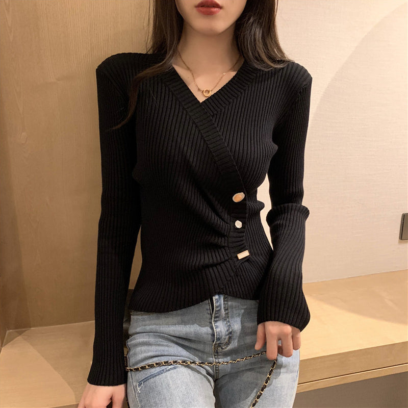 V-neck Pleated Sweater