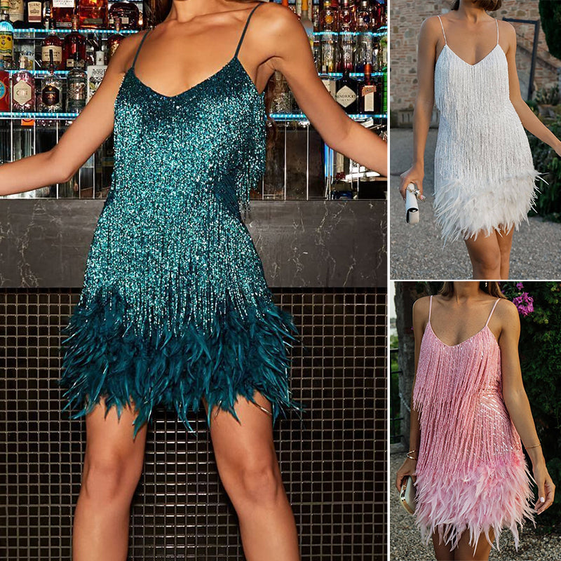 Women's Feather Fringe Sequin Spaghetti Strap Dress(🔥Buy 1 get Free shipping)