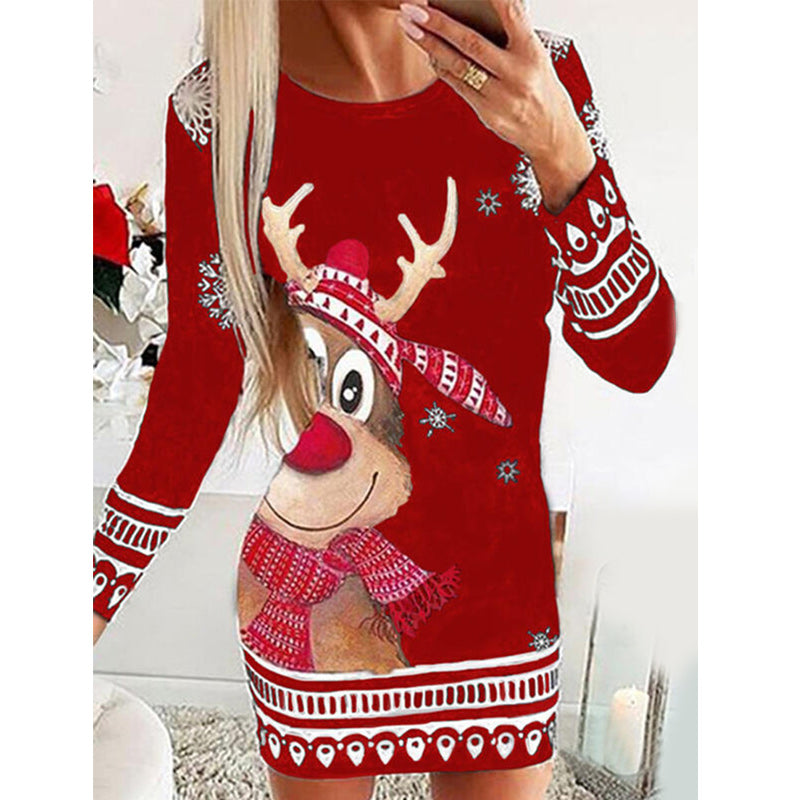 Long Sleeve Round Neck Pullover Christmas Print Sexy Pack Hip Dress