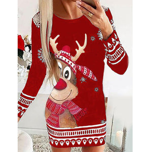 Long Sleeve Round Neck Pullover Christmas Print Sexy Pack Hip Dress