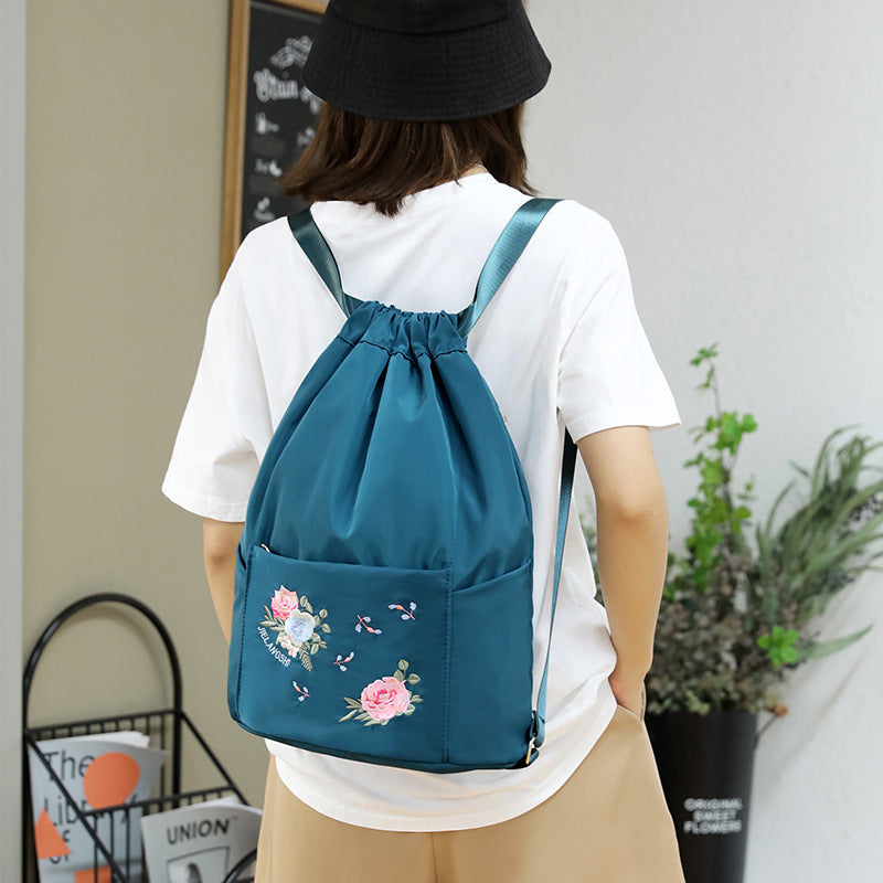 Folding Embroidered Drawstring Backpack