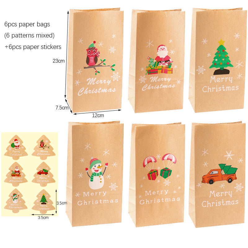 Christmas Kraft Paper Bags, 6 Bags+6 Stickers