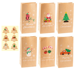Christmas Kraft Paper Bags, 6 Bags+6 Stickers