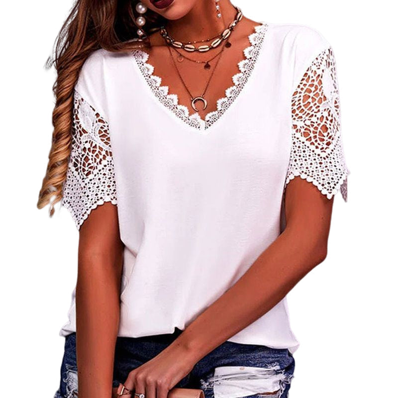 Women's Lace Patchwork Loose V-Neck Short Sleeve T-Shirt