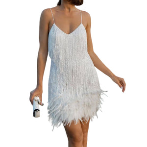 Women's Feather Fringe Sequin Spaghetti Strap Dress(🔥Buy 1 get Free shipping)